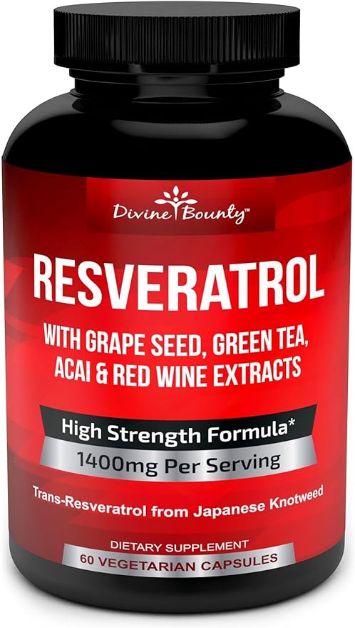 Resveratrol Supplement - 1400mg Extra Strength Formula with Grape Seed Extract, Green Tea Extract, Red Wine Extract - 60 Veggie Capsules