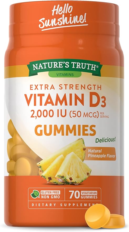 Nature's Truth Vitamin D3 Gummies | 2000 IU | 70 Count | Pineapple Flavor | Vegetarian, Non-GMO and Gluten Free Supplement