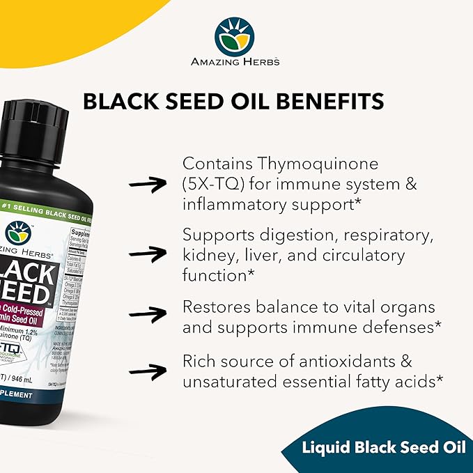 Amazing Herbs Premium Black Seed Oil - Cold Pressed Nigella Sativa Aids in Digestive Health, Immune Support, Brain Function, Joint Mobility, Gluten Free, Non GMO - 32 Fl Oz (Pack of 3)