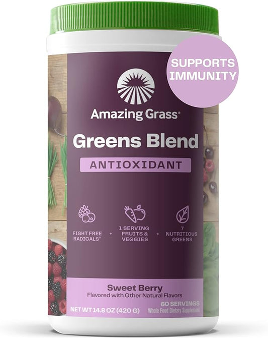 Amazing Grass Greens Superfood Antioxidant: Greens Powder with Organic Spirulina, Beet Root Powder, Elderberry & Probiotics, Sweet Berry, 60 Servings (Packaging May Vary)