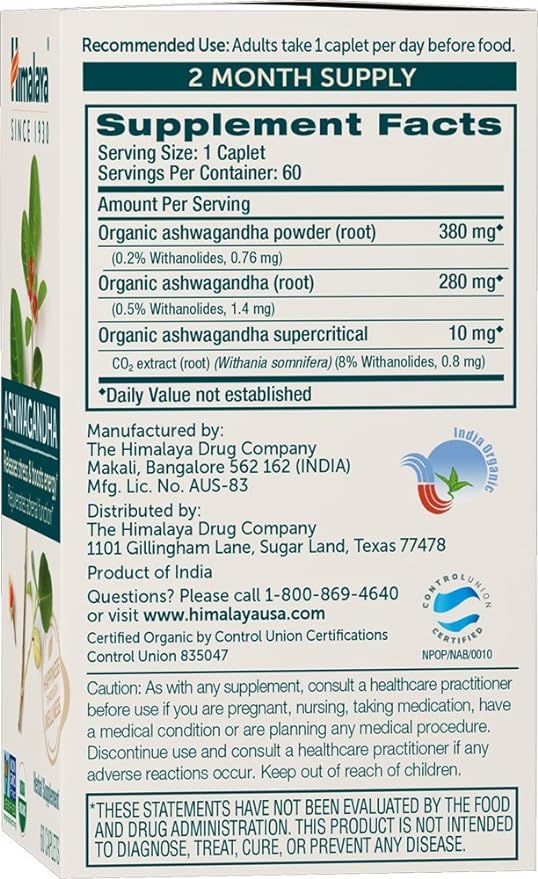 Himalaya Organic Ashwagandha, 120 Day Supply, Herbal Supplement for Stress Relief, Energy Support, Occasional Sleeplessness, USDA Organic, Non-GMO, Vegan, Gluten Free, 670 mg, 60 Caplets, 2 Pack