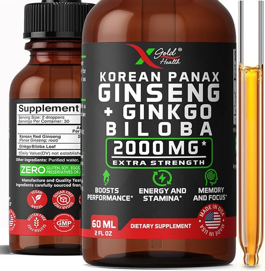 Korean Red Panax Ginseng 2000mg + Ginkgo Biloba Extra Strength Root Extract Supplement for Men & Women,High Ginsenosides, 2 fl oz Natural Advanced Liquid Extract for Energy, Performance & Focus