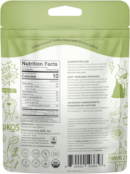 KOS Organic Moringa Oleifera Leaf Powder, 100% Raw Superfood, Nutrient Rich Vegan Multivitamin to Support Natural Energy Boosting - Plant Based Smoothies & Drinks, Non-GMO, Gluten-Free, 50 Servings