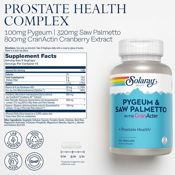 SOLARAY Pygeum and Saw Palmetto with CranActin - Prostate Health Supplement with Pygeum Bark, Saw Palmetto Extract and Cranberry Extract, Lab Verified, 60-Day Guarantee (15 Servings, 90 VegCaps)