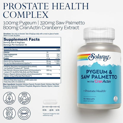 SOLARAY Pygeum and Saw Palmetto with CranActin - Prostate Health Supplement with Pygeum Bark, Saw Palmetto Extract and Cranberry Extract, Lab Verified, 60-Day Guarantee (15 Servings, 90 VegCaps)