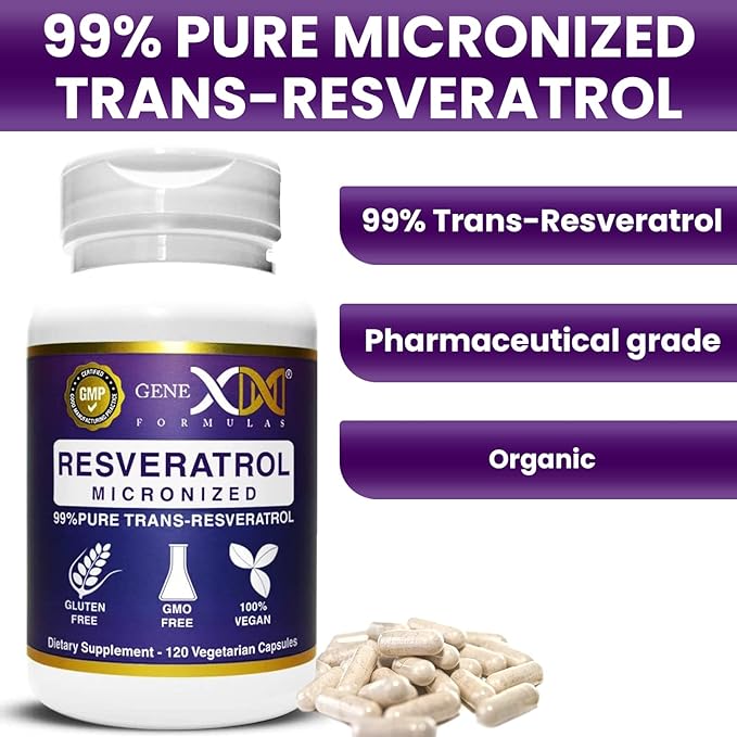 GENEX Trans Resveratrol 1000mg Serving 99% Pure Micronized Pharmaceutical Grade Trans-Resveratrol + Bioperine Extract mad in a GMP & NSF Certified Facility (4X 250mg Cpasules 120ct)