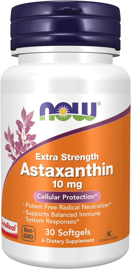 NOW Supplements, Astaxanthin 10mg, Extra Strength,derived from Non-GMO Haematococcus Pluvialis Microalgae and has Naturally Occurring Lutein, Canthaxanthin and Beta-Carotene, 30 Softgels