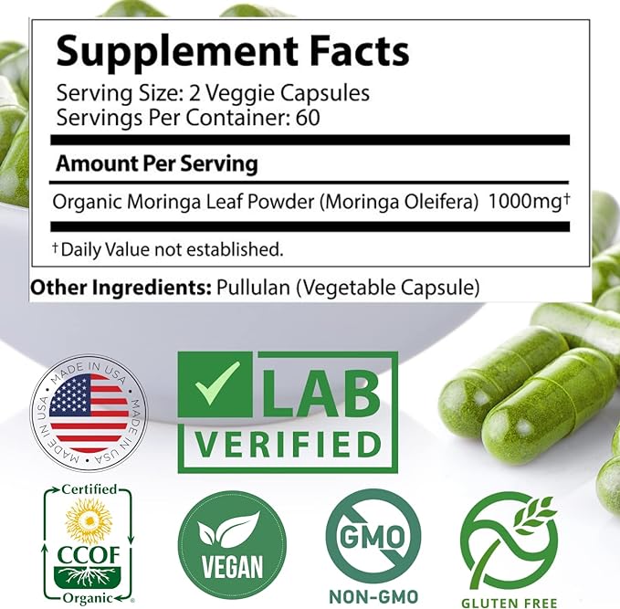 Moringa Capsules 1000mg, from Organic Certified Moringa Leaves Powder - Greens Superfood Supplement - Energy, Focus, Lactation Support, Vitamin C for Immune Support - Vegan, Non-GMO (120 Count)