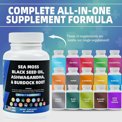 Multivitamin Sea Moss 3000mg Black Seed Oil 2000mg Ashwagandha 1000mg Turmeric 1000mg Bladderwrack 1000mg Burdock 1000mg Vitamin D3 with Elderberry Manuka Dandelion Yellow Dock Iodine Chlorophyll