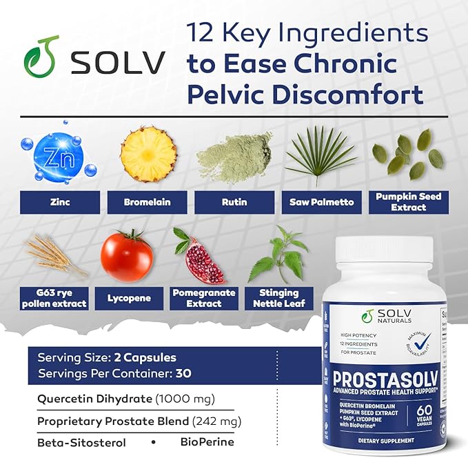 SOLV PROSTASOLV Prostate Support for Men's Health - Urinary & Prostate Health Formula with Quercetin, Bromelain, Beta-Sitosterol, Saw Palmetto for Pelvic & Prostate Comfort -60 Caps