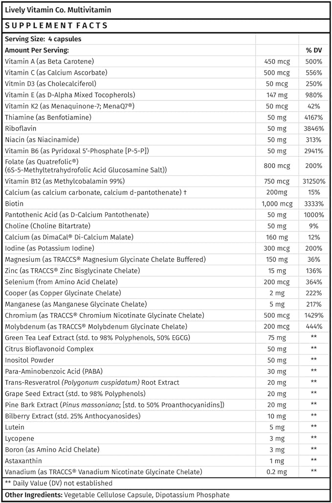 LIVELY VITAMIN CO. Multivitamin - 37 Vitamins Minerals and Extracts - Energy - Memory - Immune Function - Heart- Brain - Focus - Mood - Antioxidants - Dairy Gluten Soy Free - 240 Vegetarian Capsules
