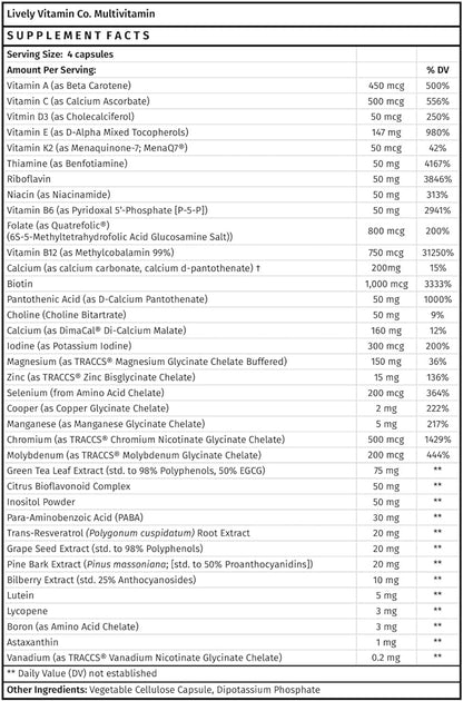 LIVELY VITAMIN CO. Multivitamin - 37 Vitamins Minerals and Extracts - Energy - Memory - Immune Function - Heart- Brain - Focus - Mood - Antioxidants - Dairy Gluten Soy Free - 240 Vegetarian Capsules