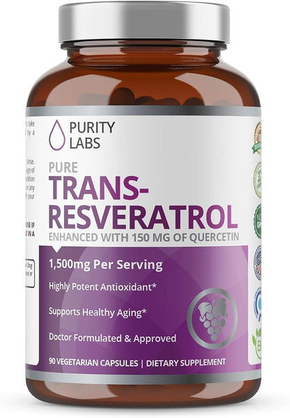 Purity Labs Pure Trans-Resveratrol Supplement + Quercetin 1500mg, Vegan Supplements for Heart, Skin Hair Nails, Anti Aging Antioxidant Supplement 90ct