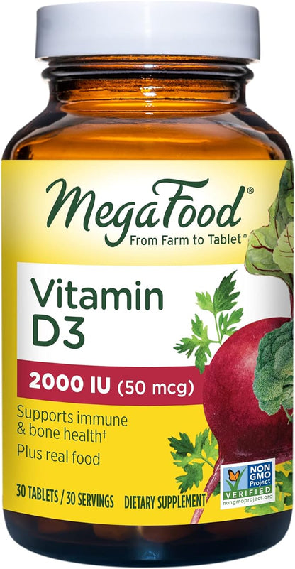 MegaFood Vitamin D3 2000 IU (50 mcg) - Immune Support Supplement - Bone Health -with easily-absorbed Vitamin D3 - Plus real food - Non-GMO, Vegetarian - Made Without 9 Food Allergens - 30 Tabs