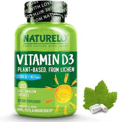 NATURELO Vitamin D - 2500 IU - Plant Based from Lichen - Natural D3 Supplement for Immune System, Bone Support, Joint Health - Vegan - Non-GMO - Gluten Free - 120 Capsules