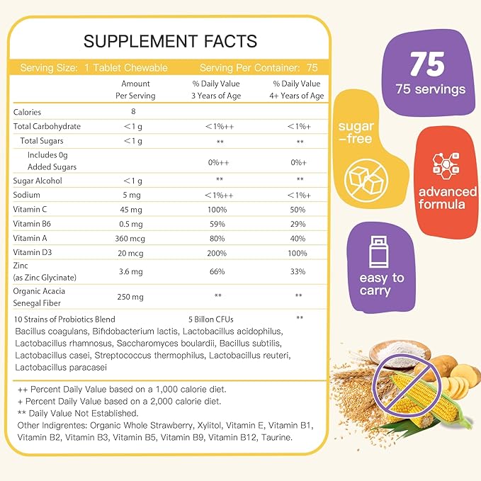 Kids Probiotic Chewables for Digestive Health with 5 Billion CFUs, Prebiotics and Probiotics for Kids for Gut Health, Immune Support, Nutrient Absorb, Vitamin C, Zinc, 75 Servings, Strawberry Flavor