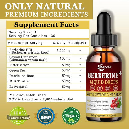 Berberine Liquid Drops 1500mg, Liposomal Berberine HCL, Berberine Complex Supplement w/Ceylon Cinnamon, Resveratrol,Bitter Melon,Green Tea, Dandelion Root, Milk Thistle - Vegan & Natural