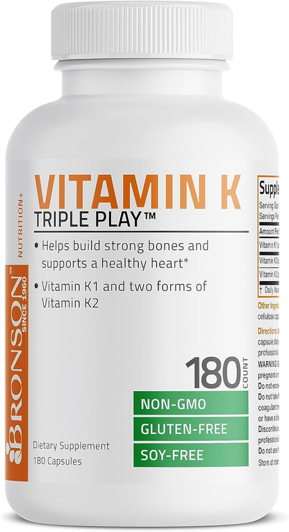 Vitamin K Triple Play (Vitamin K2 MK7 / Vitamin K2 MK4 / Vitamin K1) Full Spectrum Complex Vitamin K Supplement, 180 Capsules