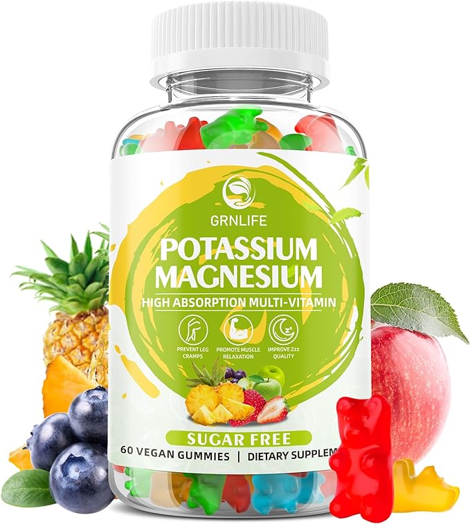 Potassium Magnesium Supplement Gummies, Potassium Gummies for Adults Kids, High Absorption Magnesium Glycinate for Leg Cramps & Immune Health, Sugar-Free, Vegan Mixed Flavors, 60 Count