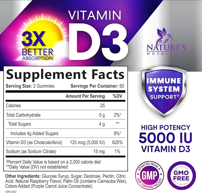 Vitamin D3 Gummy Vitamins Extra Strength 5000 IU (125 mcg) High Potency Vita D Gummies Dietary Supplement - Bone, Teeth, Muscle & Immune Support, Nature's Vitamin D Supplement, Non-GMO - 120 Gummies