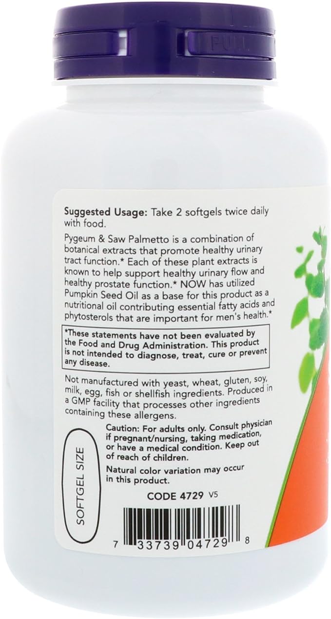 NOW Supplements, Pygeum & Saw Palmetto with Pumpkin Seed Oil, Men's Health*, 120 Count(Pack of 1)