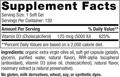 Nordic Naturals Vitamin D3 5000, Orange - 120 Mini Soft Gels - 5000 IU Vitamin D3 - Supports Healthy Bones, Mood & Immune System Function - Non-GMO - 120 Servings