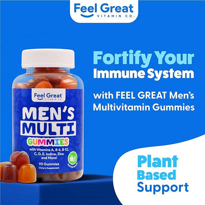 Feel Great Vitamin Co. Men's Multivitamin Gummies, Packed with Vitamin A, B-6, B-12, Biotin, C, D3, E, Iodine, Folic Acid, Zinc. Made in The USA. 45 Day Supply