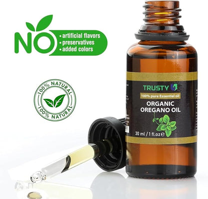 Trusty Organic Oregano Oil 30ml Super Concentrated USDA Organic Oil of Oregano Drops for Immune Support and Digestive Health - Vegan Non GMO 100% Pure Oregano Oil Drops for Kids and Adults