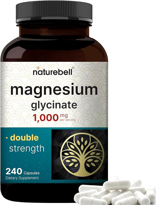 NatureBell Magnesium Glycinate Supplement 1,000mg | 500mg Per Capsule, 240 Pills | 100% Chelated & Purified – Non-GMO & Gluten Free