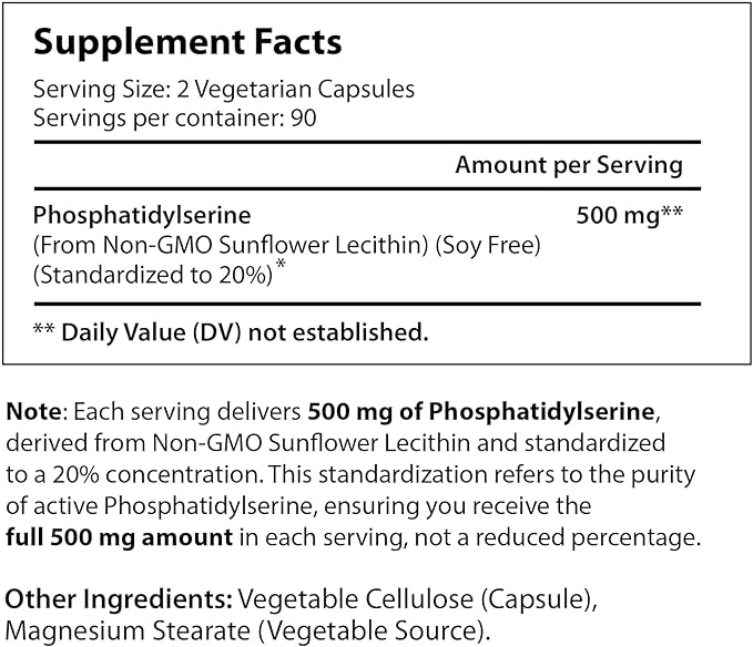 Phosphatidylserine 500mg 180 Vegetarian Capsules | Soy Free Non GMO Made in USA | Nootropic Brain Supplement | Natural Memory Ultimate | PS Pure Complex 500 mg Powder Pill