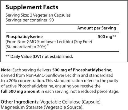 Phosphatidylserine 500mg 180 Vegetarian Capsules | Soy Free Non GMO Made in USA | Nootropic Brain Supplement | Natural Memory Ultimate | PS Pure Complex 500 mg Powder Pill