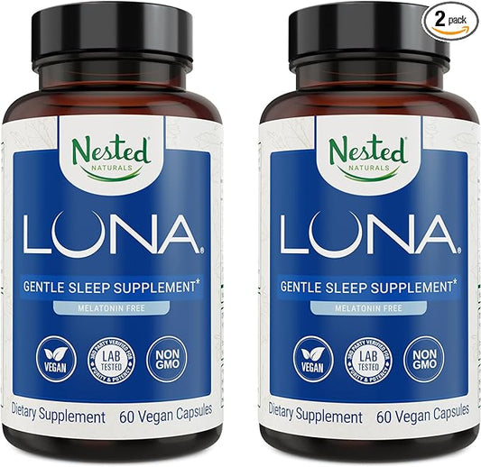 Nested Naturals Luna Melatonin-Free Pack of Two, Bedtime Supplement for Adults, Herbal Nighttime Sleeping Capsule, Valerian Root with Chamomile, Lemon Balm, Non-GMO, Gluten-Free