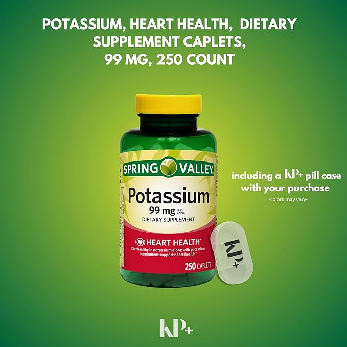 Spring Valley, Potassium Supplement, Dietary Supplement, 99 mg, 250 Count Bundle with Pill case