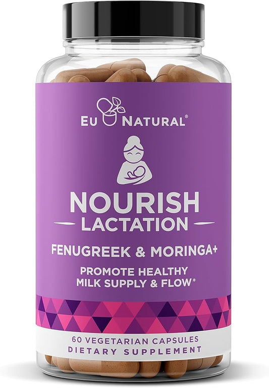 Nourish Lactation Supplement - Postpartum Support for Healthy Milk Flow & Production - Fenugreek Capsules for Women with Goat's Rue, Milk Thistle, Fennel Seed & Organic Moringa, 60 Vegan Soft Capsules