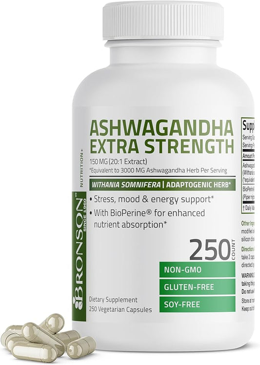 Bronson Ashwagandha Extra Strength Stress & Mood Support with BioPerine - Non GMO Formula, 250 Vegetarian Capsules