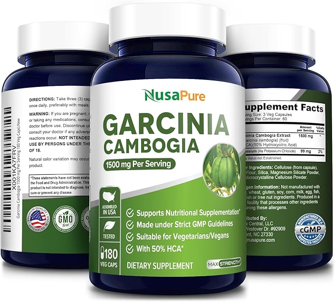 NusaPure Garcinia Cambogia 180 Veggie Caps 1500mg (Vegetarian, Non-GMO, Gluten Free)