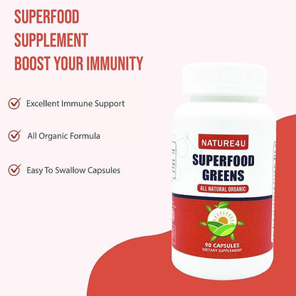 Organic Greens Superfood, 13 Phytonutrient Super Greens Capsules with Turmeric, Moringa, Wheat Grass, Chlorella and Spirulina Powder, Alkalize and Detox Immune Energy Supplement, 90 Capsules