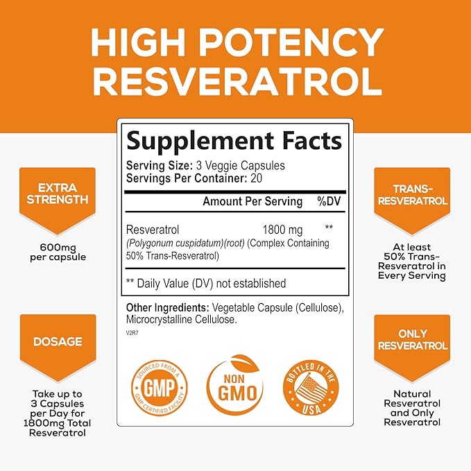 Resveratrol 1800mg Per Serving - Potent Antioxidants for Immune Support - Extra Strength Trans-Resveratrol Supplement Supports Healthy Aging & Heart Health - from Natural Polygonum Root - 60 Capsules