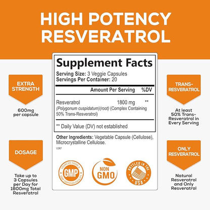 Resveratrol 1800mg Per Serving - Potent Antioxidants for Immune Support - Extra Strength Trans-Resveratrol Supplement Supports Healthy Aging & Heart Health - from Natural Polygonum Root - 60 Capsules