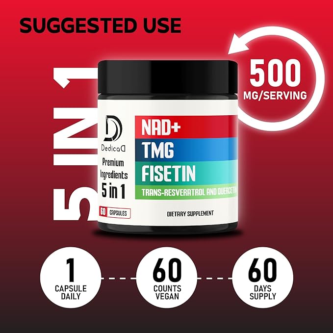 NAD+ Supplement 500mg - Pure NAD Supplement - Combined to Fisetin, TMG, Resveratrol and Quercetin - Energy and DNA Repair, Aging Defense, Brain Function - 60 Capsules