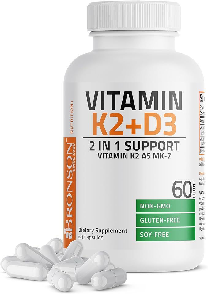 Bronson Vitamin K2 (MK7) with D3 Supplement Non-GMO Formula 5000 IU Vitamin D3 & 90 mcg Vitamin K2 MK-7 Easy to Swallow Vitamin D & K Complex, 60 Capsules