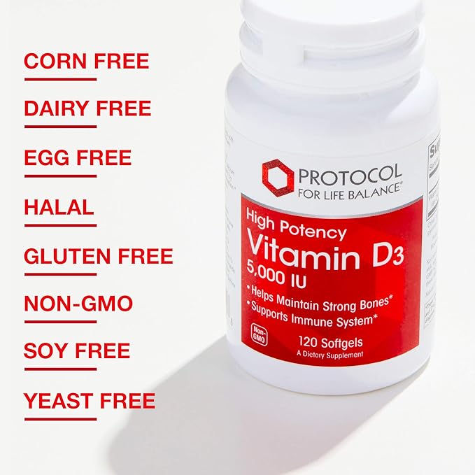 PROTOCOL FOR LIFE BALANCE - Vitamin D3 5000 IU (High Potency) Supports Calcium Absorption, Bone and Dental Health, Immune System Function, Nervous System, and Cognitive Function - 120 Softgels