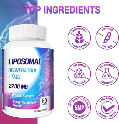 Liposomal 2200mg High Dose Softgel, Trans-Resveratrol 1700mg + TMG 500mg, Powerful Antioxidant for Anti-Aging, Skin Health, Cell Repair, NAD+ Level, Energy & Immune and Overall Health - 600 Softgels