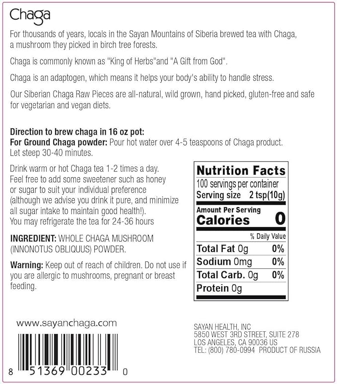 Sayan Siberian Raw Ground Chaga Powder 2.2 Lbs (1Kg) - Wild Forest Mushroom Tea, Powerful Adaptogen Antioxidant Supplement, Support for Immune System, Digestive Health