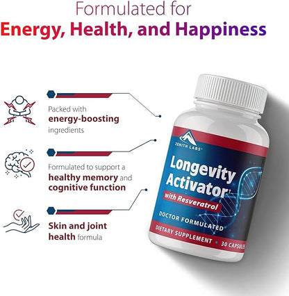 Zenith Labs Longevity Activator Anti-Aging Supplement Dietary Supplement, Natural Antioxidants with Resveratrol - Supports Immune Function and Healthy Memory, 6 Pack