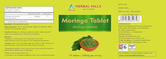 HERBAL HILLS Moringa Tablets Moringa Leaf/Shigru/Drumstick Leaf/Moringa Oleifera | 120 Count (1000 mg) | Pure Powder in a Tablet