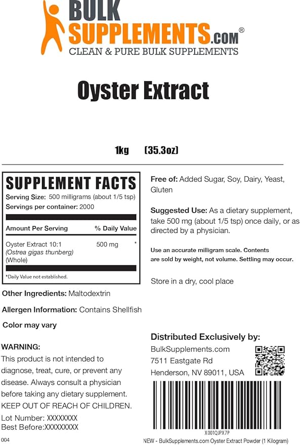 BulkSupplements.com Oyster Extract Powder - Oyster Supplement, from Whole Oyster Shells, Oyster Powder - Gluten Free, 500mg per Serving, 1kg (2.2 lbs) (Pack of 1)