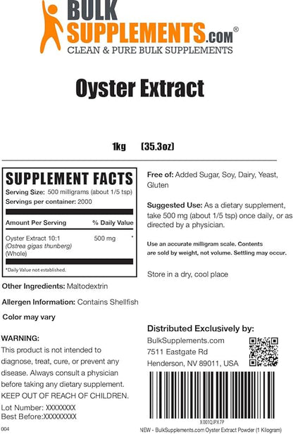 BulkSupplements.com Oyster Extract Powder - Oyster Supplement, from Whole Oyster Shells, Oyster Powder - Gluten Free, 500mg per Serving, 1kg (2.2 lbs) (Pack of 1)