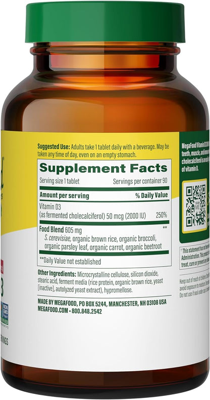 MegaFood Vitamin D3 2000 IU (50 mcg) - Vitamin D Supplements With Real Food, Immune Support, Supports Bones, Teeth & Muscles, Vegetarian, Certified Non-GMO, Kosher – 90 Tablets, 90 Servings