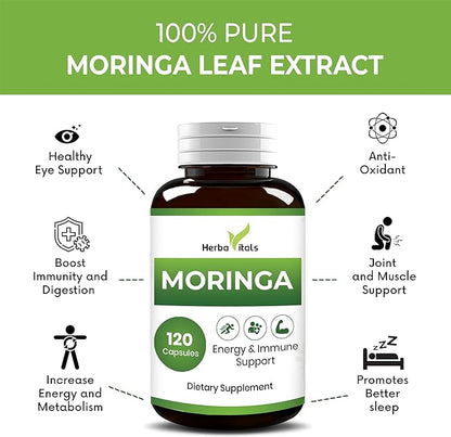 Moringa Supplement 500 mg/Natural Superfood for Immune System,Energy & Rich in Vitamins and Minerals 120 Capsules